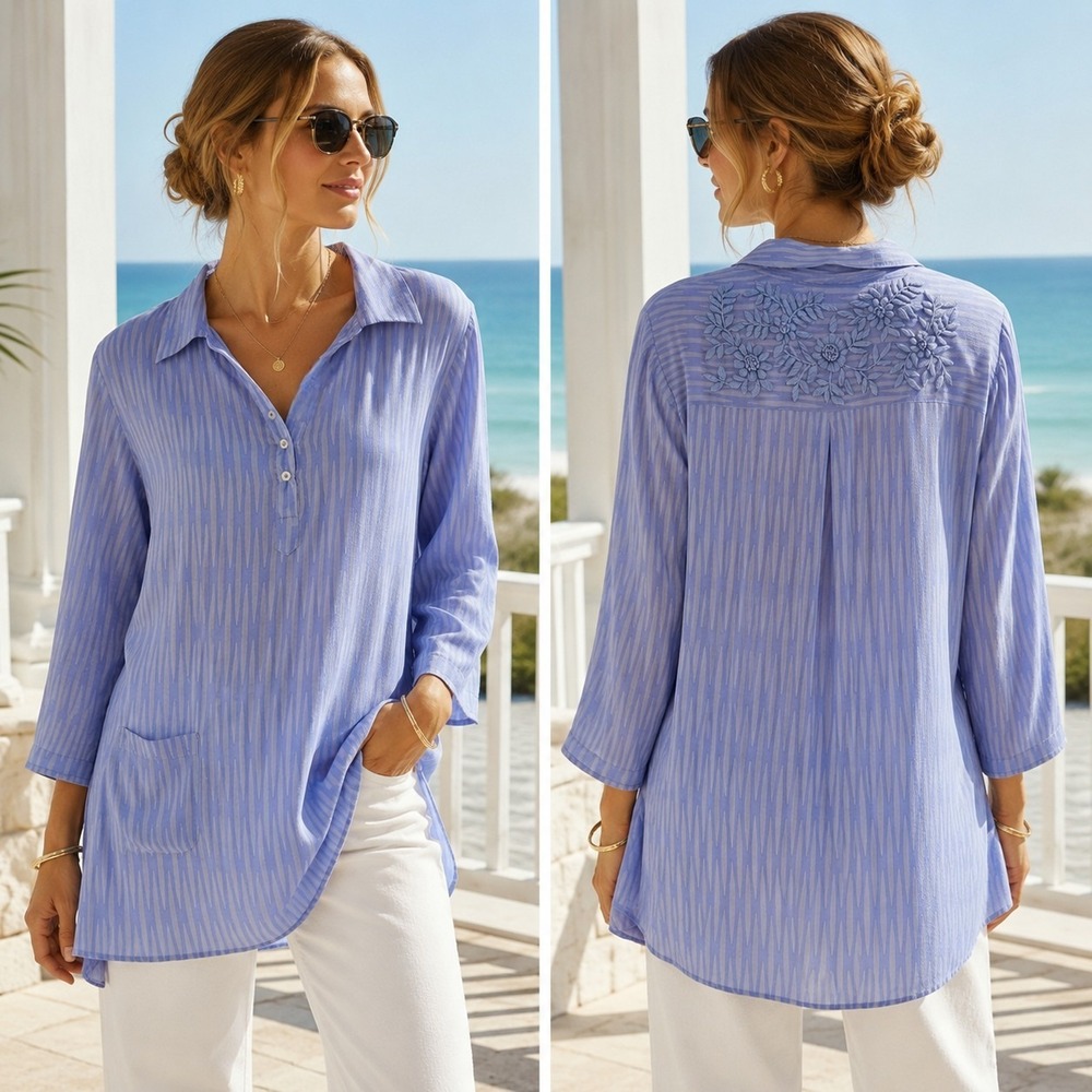 Amaya Silk Tunic Top M 40 Blue Ikat Embroidered Boho Resort Coastal Blouse